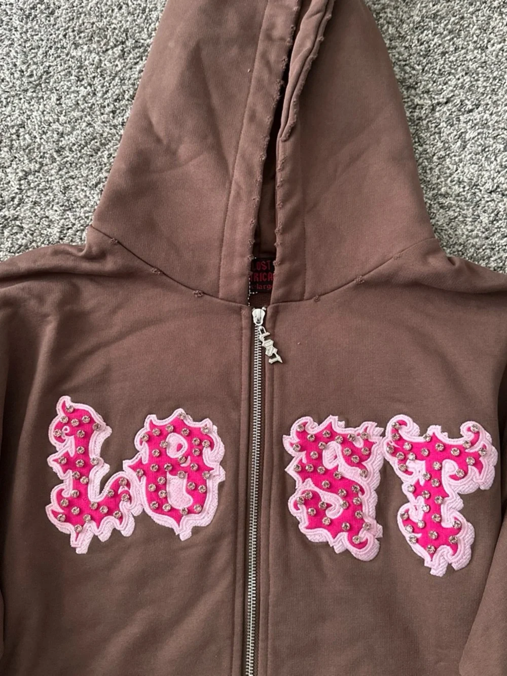 Lost Intricacy Brown & Pink Rhinestone Zip-Up Hoodie XL NWT